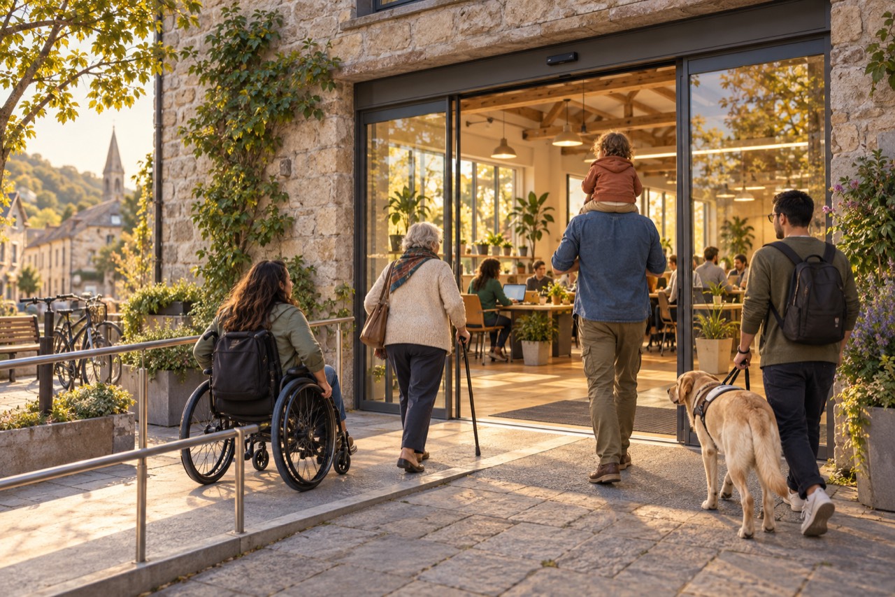 People go into a work hub through wide glass doors in an old stone building: a woman in a wheelchair rolls up a gentle ramp with a handrail, an older woman walks with a cane, a man carries a child on his shoulders and a man follows with a guide dog. Inside, people work at tables among plants. A church spire stands down the street.