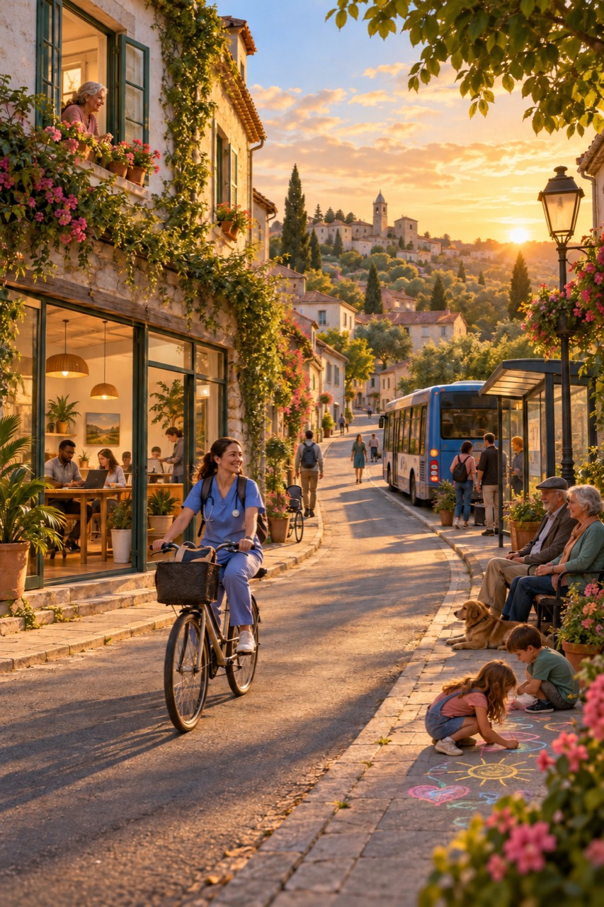 A hillside village street at sunset. A smiling nurse in blue scrubs rides a bicycle with a basket. Through the large windows of a ground-floor hub people work at laptops, and an older woman leans from a balcony full of flowers. A blue bus waits at a shelter, an older couple sit on a bench with a dog, and two children draw a sun and a heart in chalk on the pavement. A hill town with a tower glows on the ridge.