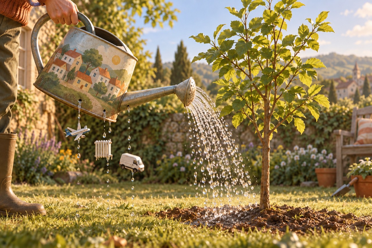 A hand holds a painted metal watering can over a newly planted sapling in a sunny garden. The main spray waters the tree, while three thin drips fall from holes in the bottom of the can, each carrying a tiny object: an aeroplane, a radiator and a delivery van. A stone wall, flowers, a garden bench and a hill village lie behind.