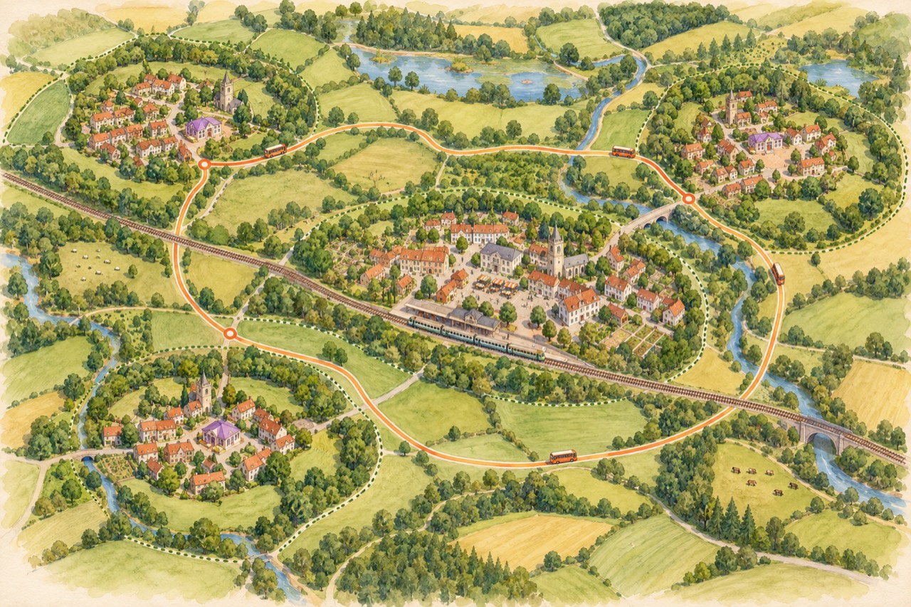 A watercolour plan seen from above. A market town with a church and a station sits in the middle on a railway line. Around it, four villages each have a building with a purple roof. An orange bus loop with small buses links all five and crosses a river; fields, woods, lakes and dashed boundary lines fill the countryside between.
