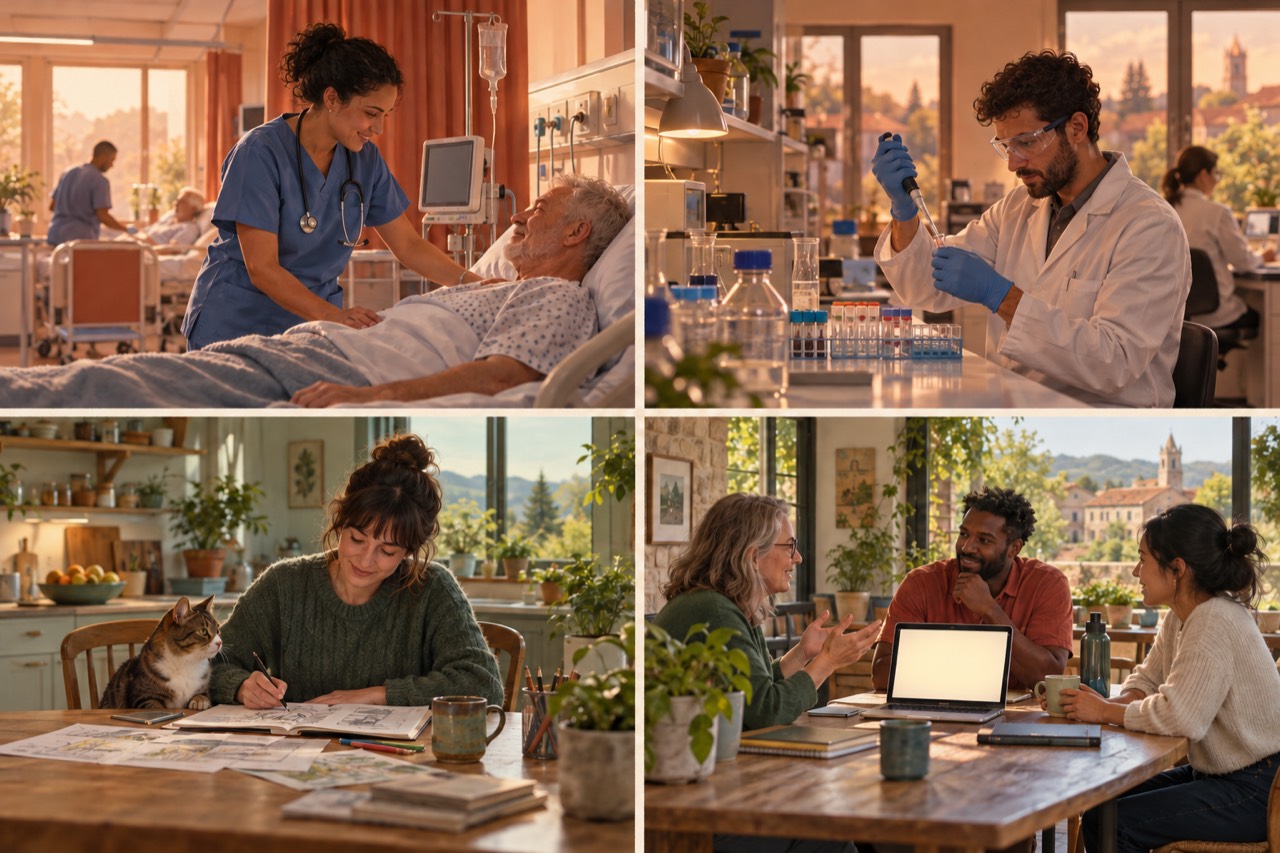 Four panels in warm light. Top left: a nurse in blue scrubs smiles at an older man in a hospital bed beside a drip stand. Top right: a scientist in a lab coat and safety glasses uses a pipette over rows of test tubes. Bottom left: a woman sketches in a notebook at a kitchen table with a cat on the chair beside her. Bottom right: three colleagues talk around a wooden table with a blank laptop screen, and a hill town with a bell tower shows through the window.
