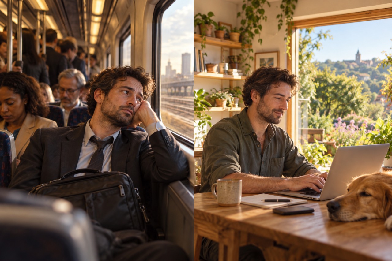 A split picture of the same bearded man. Left: in a suit and tie on a crowded commuter train, head propped on his hand, a work bag on his lap and city towers outside the window. Right: in a casual shirt at a wooden table in a sunny room full of plants, typing on a laptop beside a mug and a notebook, while a golden retriever rests its head on the table and a hill town shows through the window.