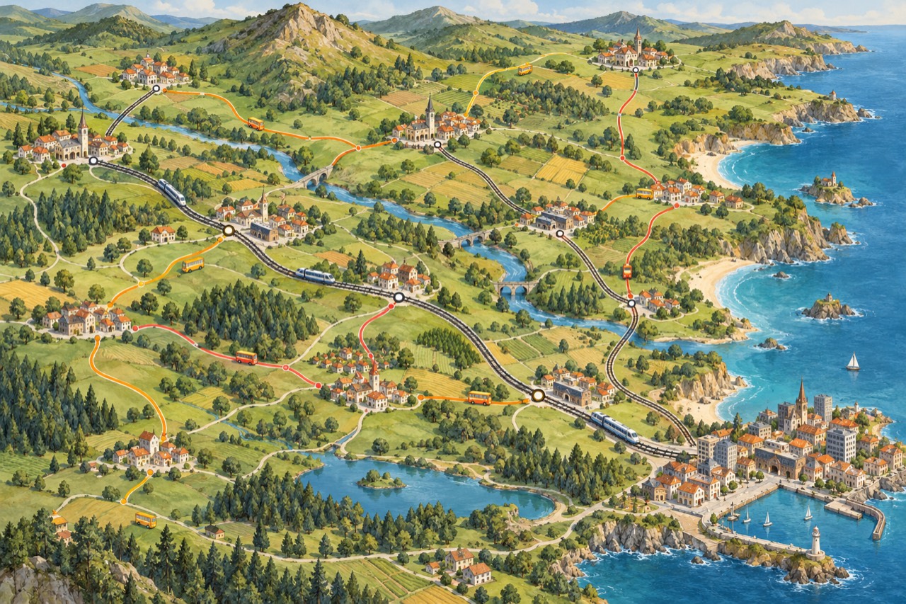 A painted bird’s-eye map of a green region: hills and forests, a winding river with stone bridges, and many small villages and towns with church towers, linked by a railway with trains and by orange and red bus routes with small buses. The routes lead to a larger harbour city with a lighthouse on a rocky coast.