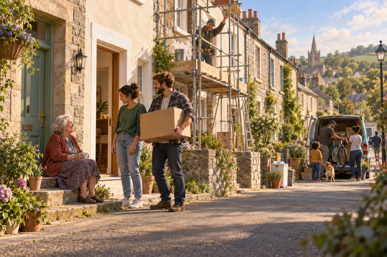 A sunny street of stone terraced houses. An older woman sits on her front step with a mug, smiling at a young couple carrying a cardboard box. A builder waves from scaffolding on the house next door, and further along a family unloads a van and a bicycle while a child and a dog watch. A church spire and green hills lie behind.