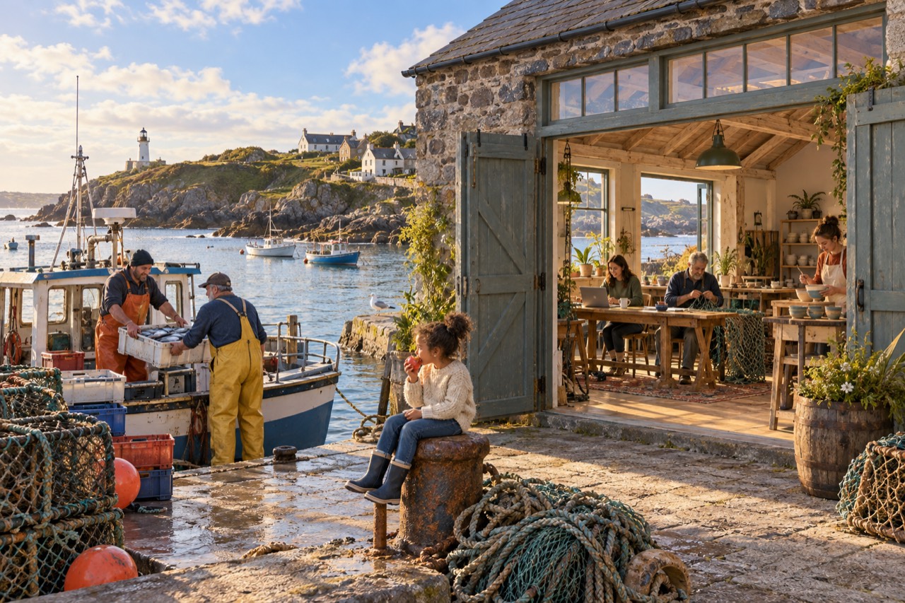 A small stone harbour in golden light. Two fishermen in orange and yellow oilskins unload a crate of fish from a boat, and a girl in wellies sits on a bollard among nets and buoys. Through the open doors of a stone building, people work at laptops at a long table and a potter shapes bowls. A lighthouse and white cottages stand on the headland across the water.